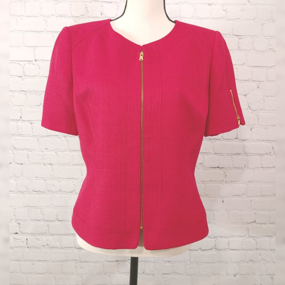 Tahari Fuscia Pink Zipped Short Sleeve Blazer